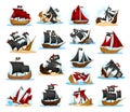 Wreckage of Pirate Ship or Vessel with Ripped Black and Red Sail Big Vector Set