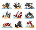 Wreckage of Pirate Ship or Vessel with Ripped Black and Red Sail Vector Set