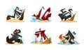 Wreckage of Pirate Ship or Vessel with Ripped Black and Red Sail Vector Set