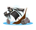Wreckage of Pirate Ship or Vessel with Ripped Black Sail Vector Illustration