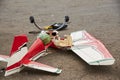 The wreckage of a radio-controlled plane after the crash Royalty Free Stock Photo