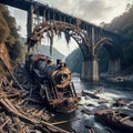Wreckage of steam train hanging from half-destroyed bridge, locomotive in river under bridge. Royalty Free Stock Photo