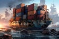 Wrecked, Abandoned Seagoing Ship With Containers In Front Of A Polluted Harbour. Generative AI