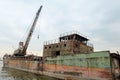 Wrecked abandoned ship on Chao Phraya river Royalty Free Stock Photo