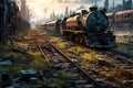 Wrecked, Abandoned Train Yard With Derailed Locomotives And Rusty Tracks And Old Trains. Generative AI