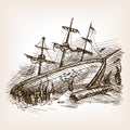 Wrecked Ancient Sailing Ship Sketch Vector