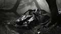 A Wrecked Car in a Forest, Evidence of a Tragic Accident, Dark and Moody Atmosphere with Copy Space