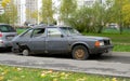 Wrecked gray Moskvich 2141 automobile in the street in residential area of Yuzhnoye Butovo District, Moscow