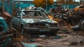 Wrecked and rusted cars pile up in a cluttered junkyard, showcasing neglect and decay.