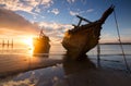 Wrecked ship at sunrise