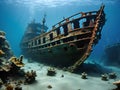 A wrecked ship under water