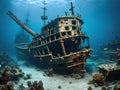 A wrecked ship under water