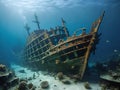 A wrecked ship under water
