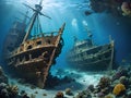 A wrecked ship under water