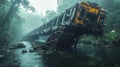 Wrecked train in a misty jungle with rusted structure and dense greenery Royalty Free Stock Photo