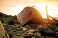 Wrecked wooden fishing boat on beach during sunset Royalty Free Stock Photo