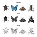 Wrecker, parasite, nature, butterfly .Insects set collection icons in cartoon,black,outline style vector symbol stock