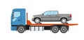 Wrecker truck with evacuated car. Towing truck evacuation service.