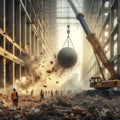 a wrecking ball crane swing and smash a wall at the construction site. Royalty Free Stock Photo