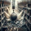 a wrecking ball crane swing and smash a wall at the construction site. Royalty Free Stock Photo