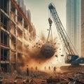 a wrecking ball crane swing and smash a wall at the construction site. Royalty Free Stock Photo