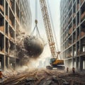 a wrecking ball crane swing and smash a wall at the construction site. Royalty Free Stock Photo