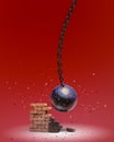 Wrecking ball destroying the brick wall 3D illustration