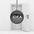 Wrecking Ball with Idea Sign Ready to Destroy Brick Wall wich Bl Royalty Free Stock Photo