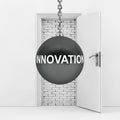 Wrecking Ball with Innovation Sign Ready to Destroy Brick Wall w Royalty Free Stock Photo