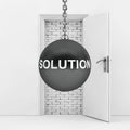 Wrecking Ball with Solution Sign Ready to Destroy Brick Wall wich Blocked White Opened Door. 3d Rendering Royalty Free Stock Photo