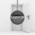 Wrecking Ball with Teamwork Sign Ready to Destroy Brick Wall wich Blocked White Opened Door. 3d Rendering Royalty Free Stock Photo