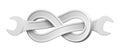 Wrench bent into eight knot. Twisted spanner repair tool. Symbol for support service workshop. Realistic isolated vector