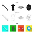 A wrench, a bicyclist bone, a reflector, a timer.Cyclist outfit set collection icons in black,flat,outline style vector
