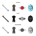 A wrench, a bicyclist bone, a reflector, a timer.Cyclist outfit set collection icons in cartoon,black,monochrome style