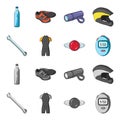 A wrench, a bicyclist bone, a reflector, a timer.Cyclist outfit set collection icons in cartoon,monochrome style vector