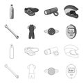 A wrench, a bicyclist bone, a reflector, a timer.Cyclist outfit set collection icons in outline,monochrome style vector