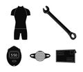 A wrench, a bicyclist`s bone, a reflector, a timer.Cyclist outfit set collection icons in black style vector symbol