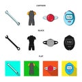 A wrench, a bicyclist`s bone, a reflector, a timer.Cyclist outfit set collection icons in cartoon,black,flat style