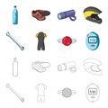 A wrench, a bicyclist`s bone, a reflector, a timer.Cyclist outfit set collection icons in cartoon,outline style vector