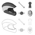 A wrench, a bicyclist s bone, a reflector, a timer.Cyclist outfit set collection icons in outline,monochrome style