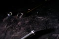 Wrench, bolt, nut isolate on black wood background Royalty Free Stock Photo