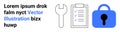 Wrench, Checklist with Blue Checkmarks, and Padlock Next to Placeholder Text in Black and Blue