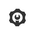 Wrench in a gear logo. Adjustment symbol. Black and white flat icon. Royalty Free Stock Photo