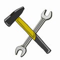wrench and hammer drawing illustration white background