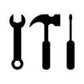 Wrench, hammer and screwdriver silhouette black icons. Wrench, hammer and screwdriver hardware icon set. Royalty Free Stock Photo