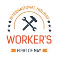 Wrench in hand Labour day isolated icon First of May vector spring event emblem or logo engineer and contractor