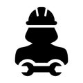 Wrench icon vector female construction service person profile avatar with hardhat helmet and spanner in glyph pictogram