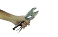 Wrench lock tools in men hand on white background background