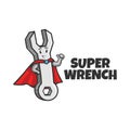 A wrench mascot hero or plumber superhero holding a wrench or spanner and making thumb up. mascot logo. vector illustration.