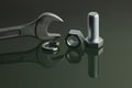 Wrench and mechanical fasteners on reflective surface Royalty Free Stock Photo